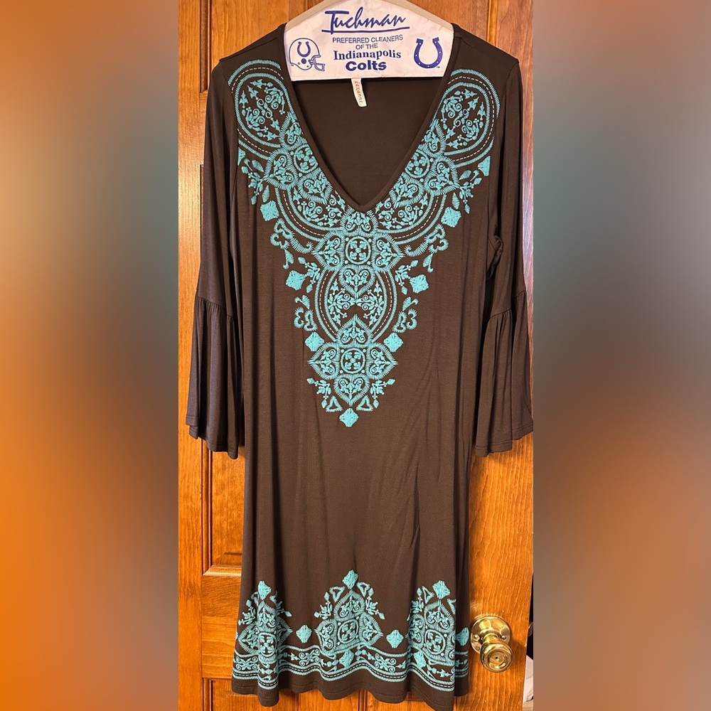 Western tunic dress brown and turquoise teal